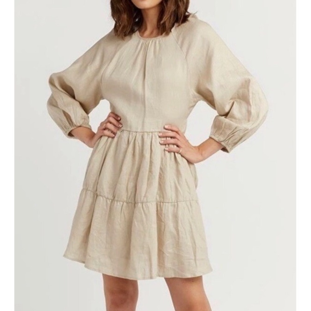 NWT DISSH Lenore Open Back‎ Natural Wheat Tie Neck Puff Sleeve Linen Dress US 8